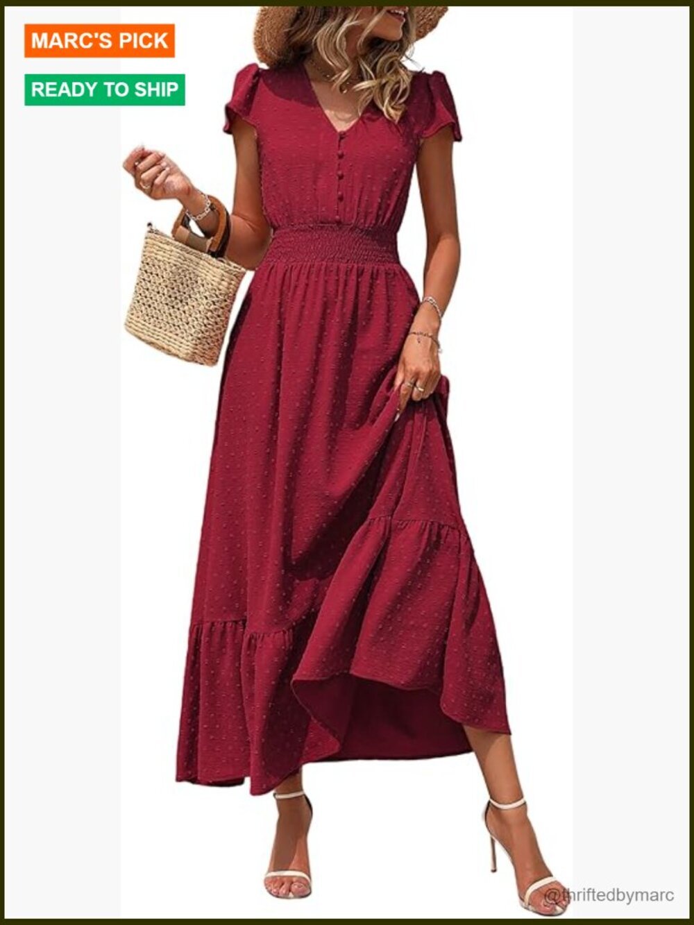 Women's Boho Maxi Dress V Neck Swiss Dot Ruffle Cap Sleeve Smocked